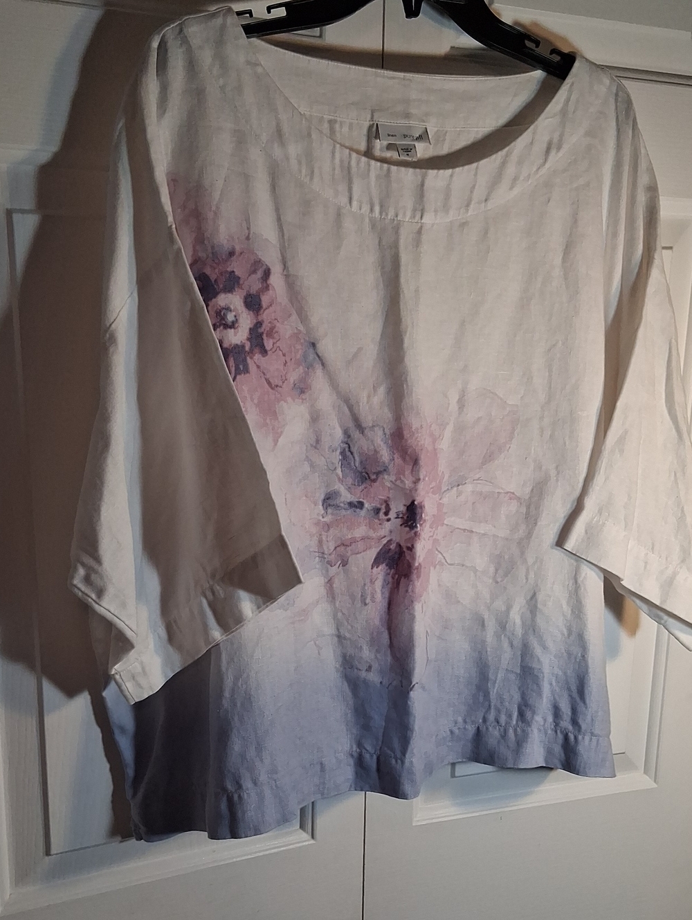 White Linen Tunic with Lavender Floral Ombre Detail